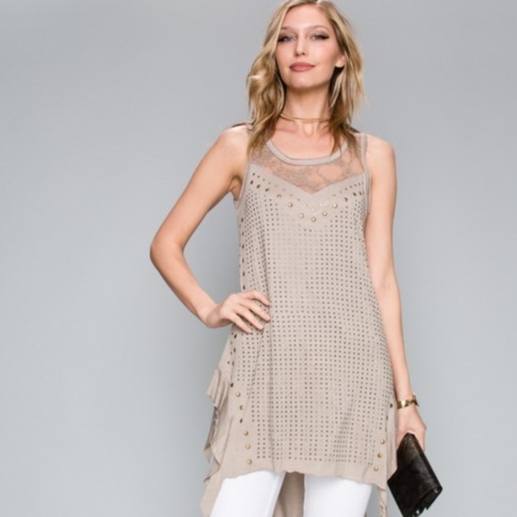 NWT VOCAL TUNIC TANK TOP beige LACE STUDS GORGOEUS SM MD LG - Picture 1 of 4